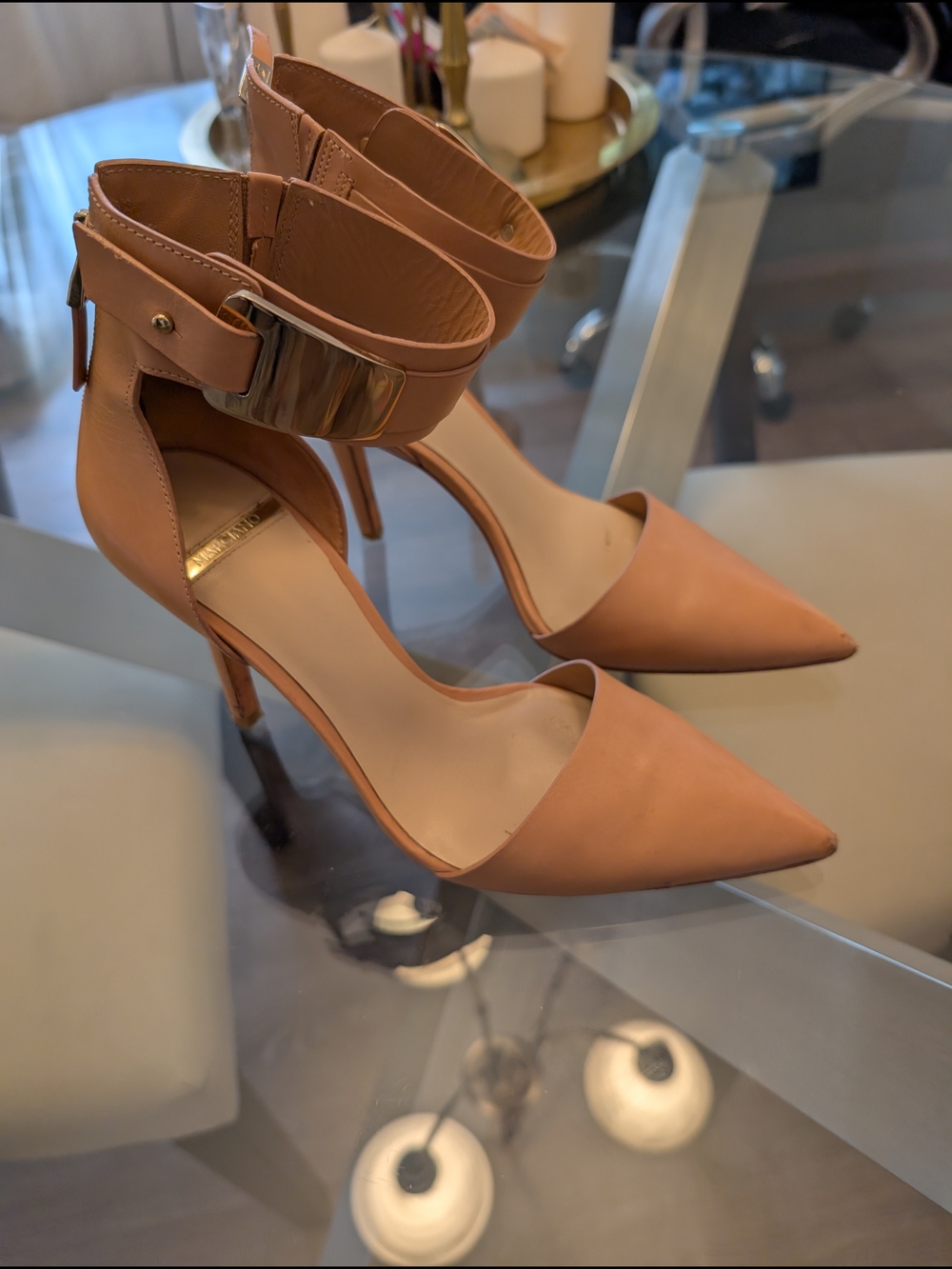 Marciano Nude Pointed Toe Ankle Strap Heels with Gold Buckle